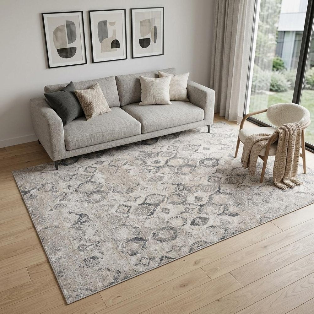 5' X 8' Beige and Gray Abstract Distressed Area Rug
