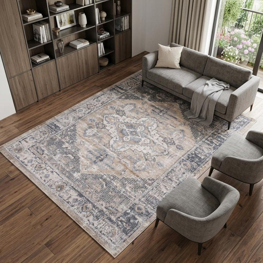 7' X 10' Gray and Brown Oriental Distressed Area Rug