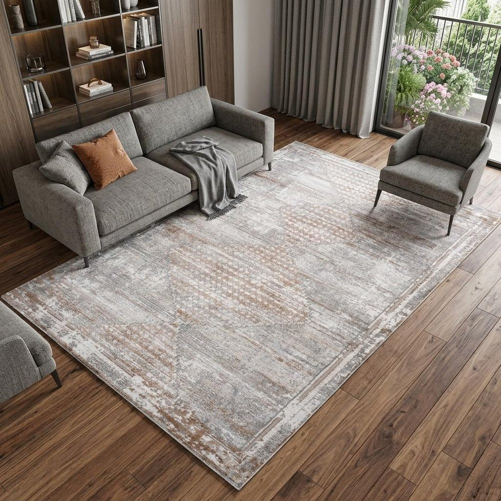 7' X 10' Gray and Brown Abstract Distressed Area Rug