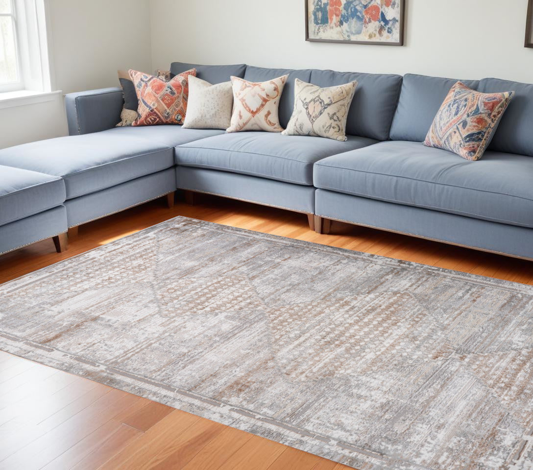 8' X 11' Gray and Brown Abstract Distressed Area Rug