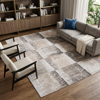 7' X 10' Beige and Brown Abstract Distressed Area Rug