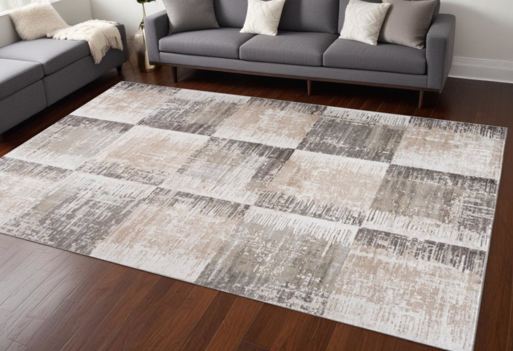 7' X 10' Beige and Brown Abstract Distressed Area Rug