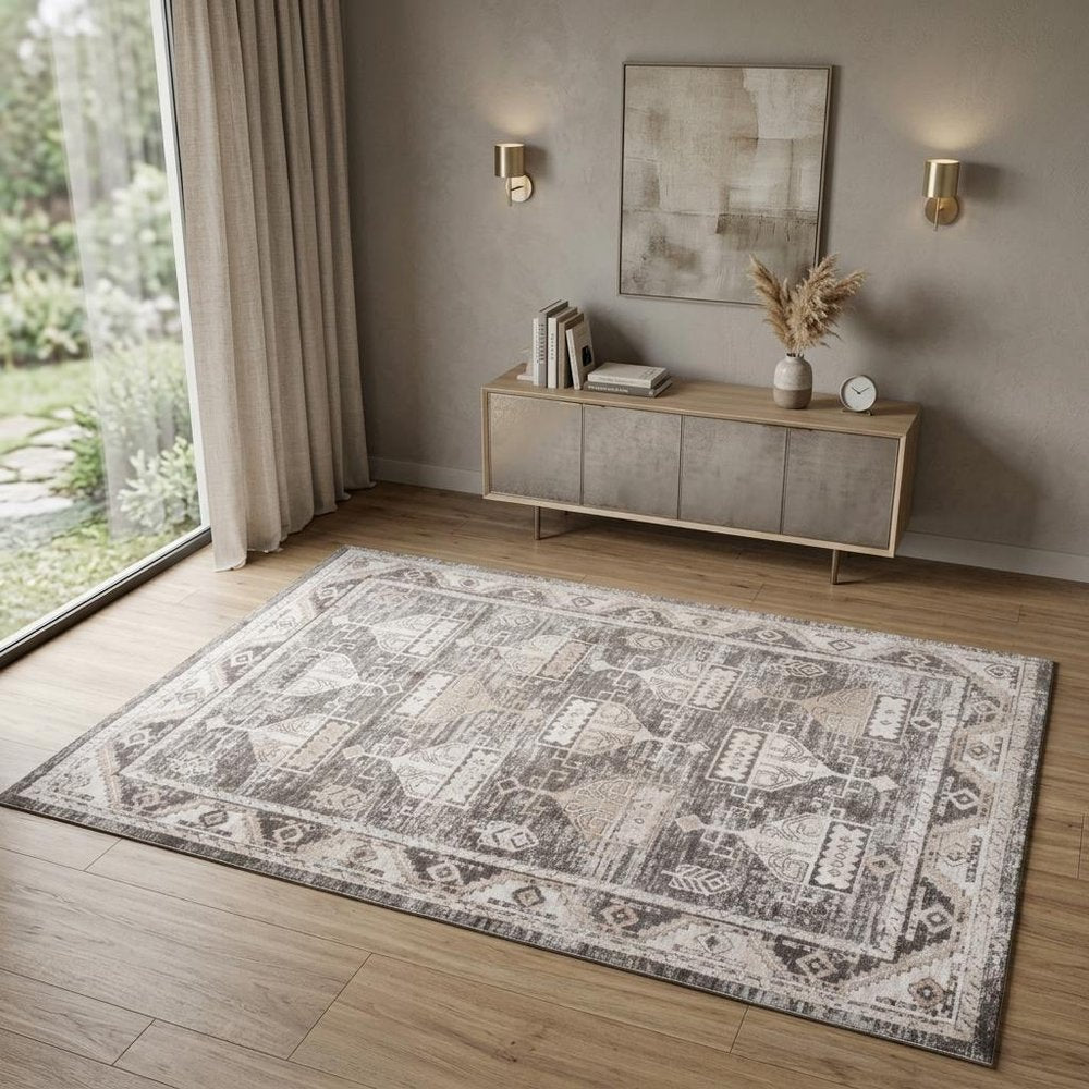 4' X 6' Beige and Brown Abstract Distressed Area Rug