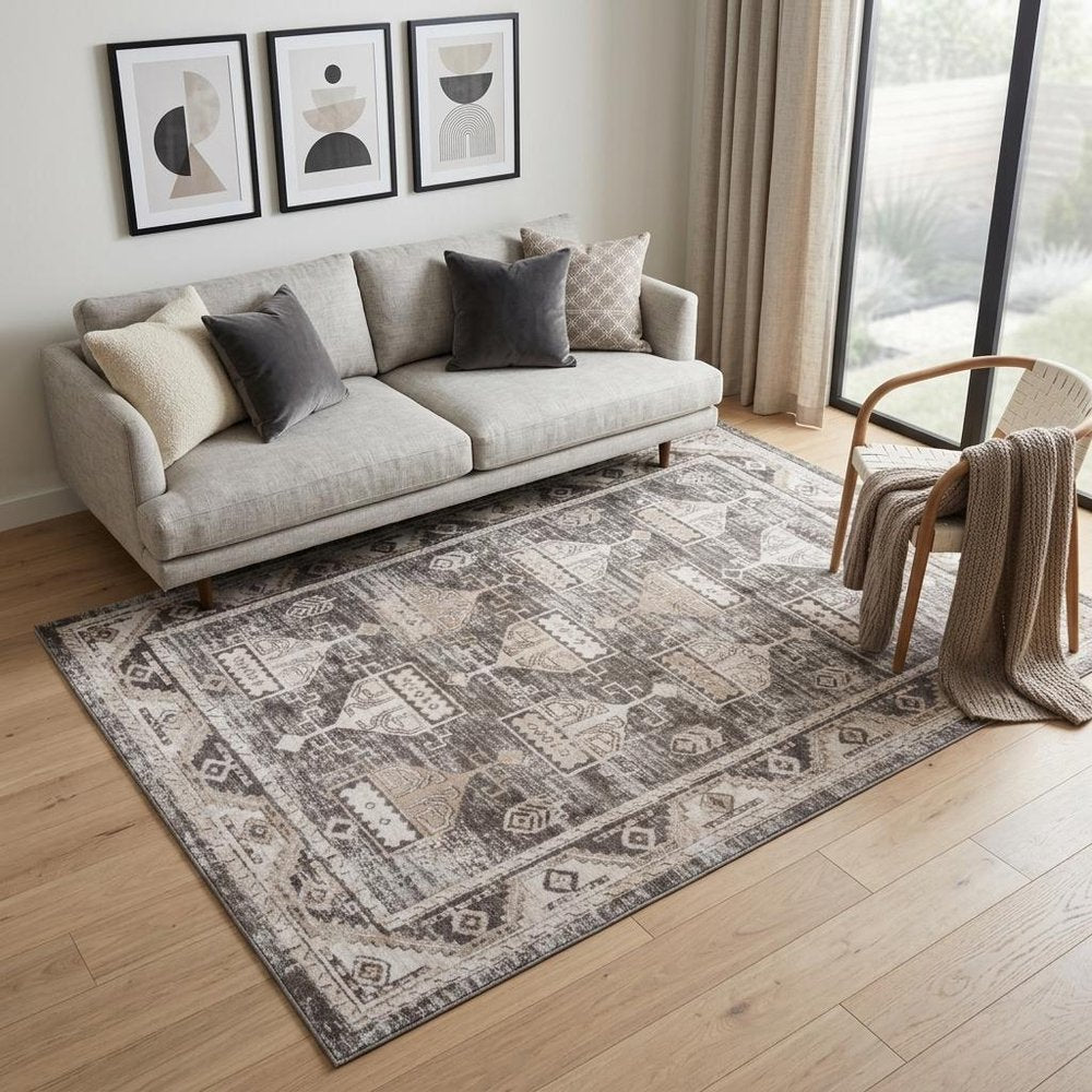 5' X 8' Beige and Brown Abstract Distressed Area Rug