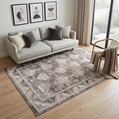 5' X 8' Beige and Brown Abstract Distressed Area Rug