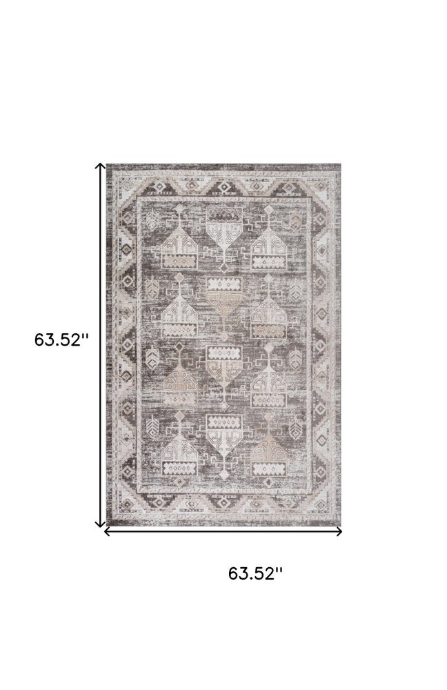 5' X 8' Beige and Brown Abstract Distressed Area Rug