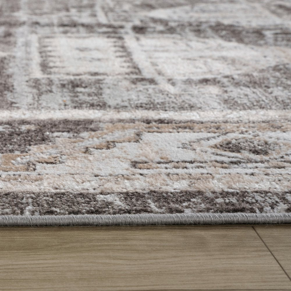 7' X 10' Beige and Brown Abstract Distressed Area Rug