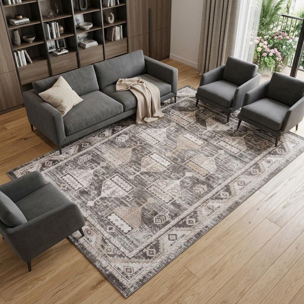 8' X 11' Beige and Brown Abstract Distressed Area Rug