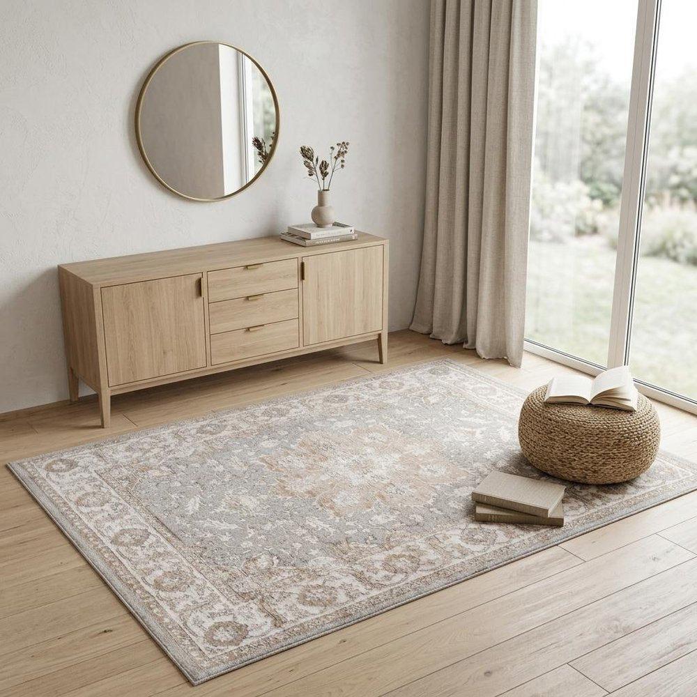 4' X 6' Beige and Gray Oriental Distressed Area Rug