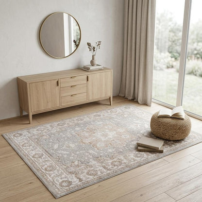 4' X 6' Beige and Gray Oriental Distressed Area Rug