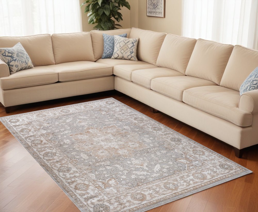 5' X 8' Beige and Gray Oriental Distressed Area Rug
