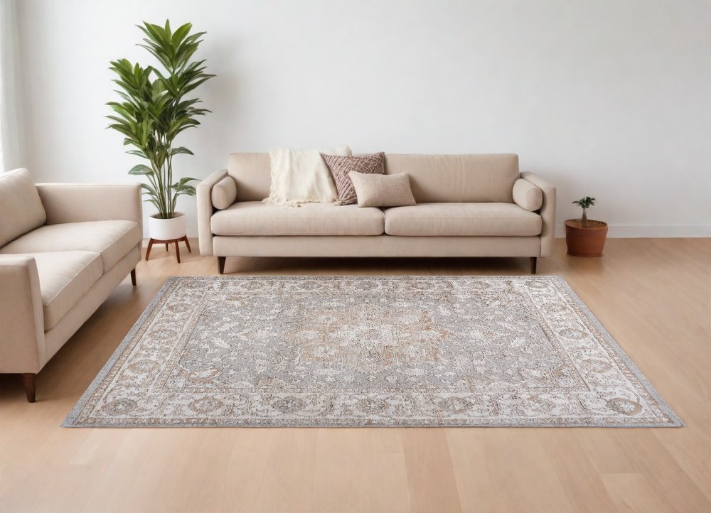 7' X 10' Beige and Gray Oriental Distressed Area Rug
