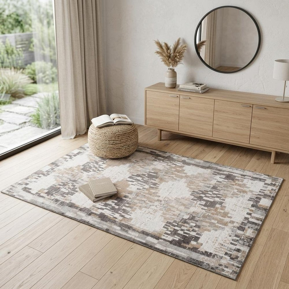 4' X 6' Cream and Brown Abstract Distressed Area Rug