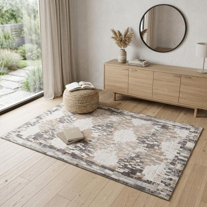 4' X 6' Cream and Brown Abstract Distressed Area Rug