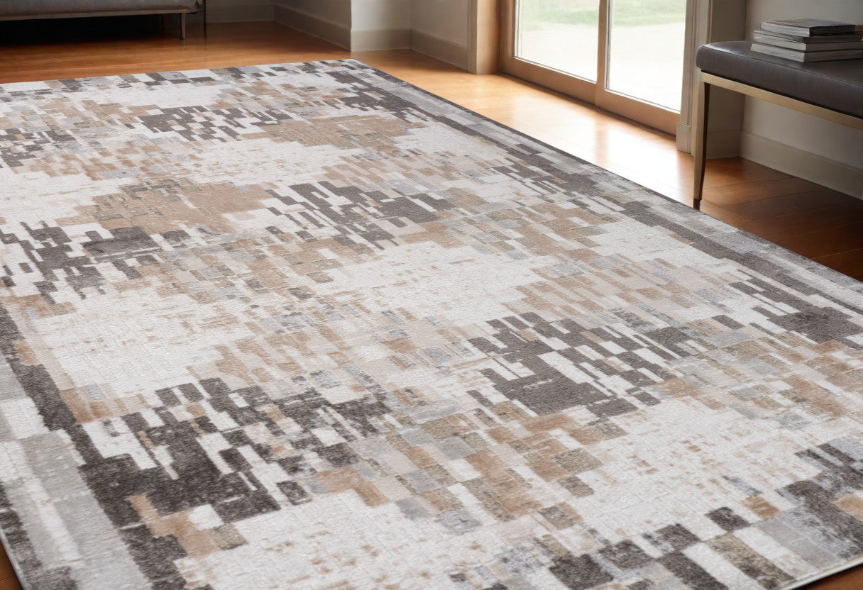 5' X 8' Cream and Brown Abstract Distressed Area Rug