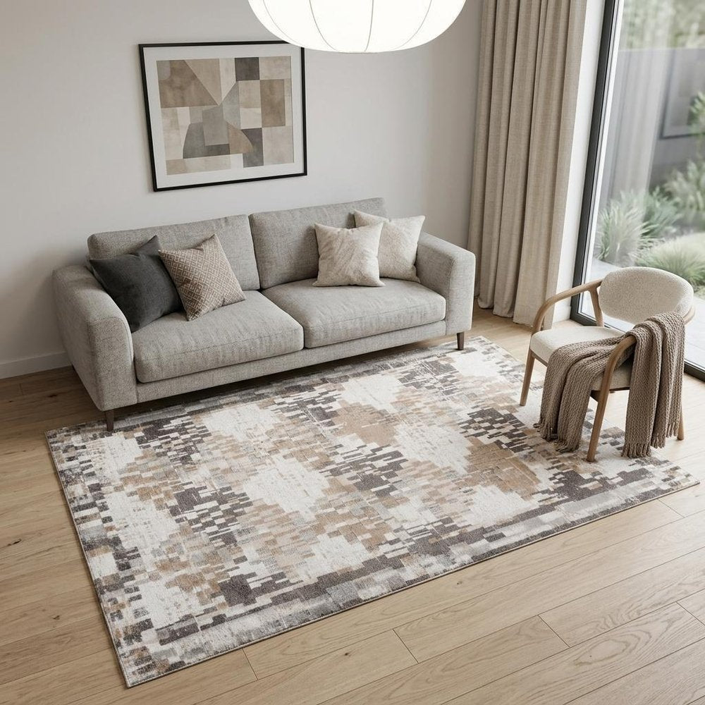 5' X 8' Cream and Brown Abstract Distressed Area Rug