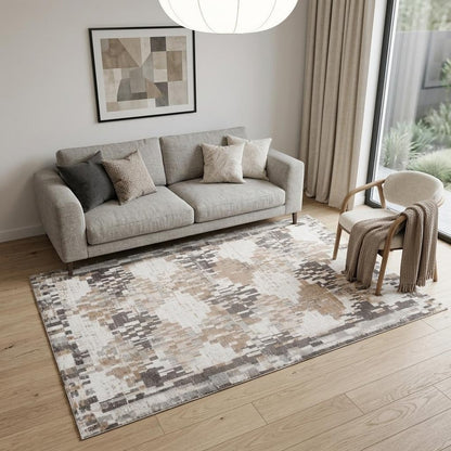 5' X 8' Cream and Brown Abstract Distressed Area Rug
