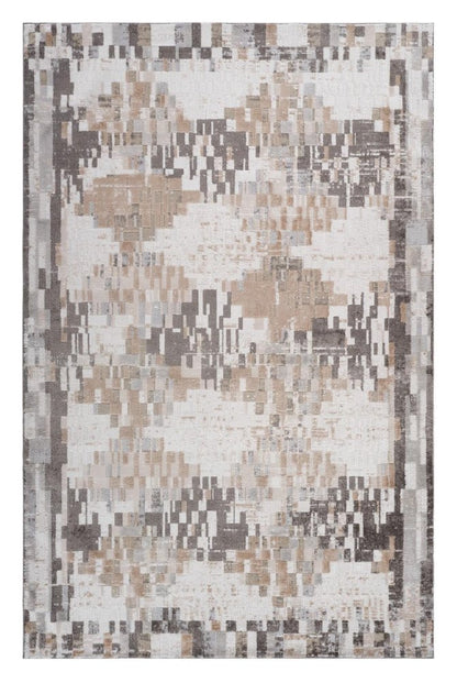 5' X 8' Cream and Brown Abstract Distressed Area Rug
