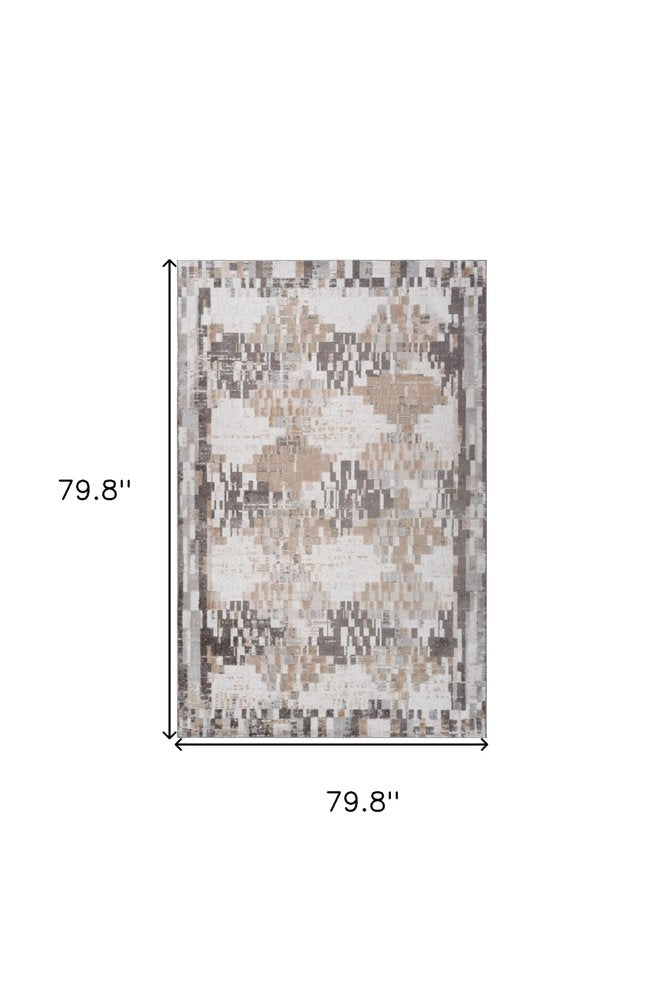 7' X 10' Cream and Brown Abstract Distressed Area Rug