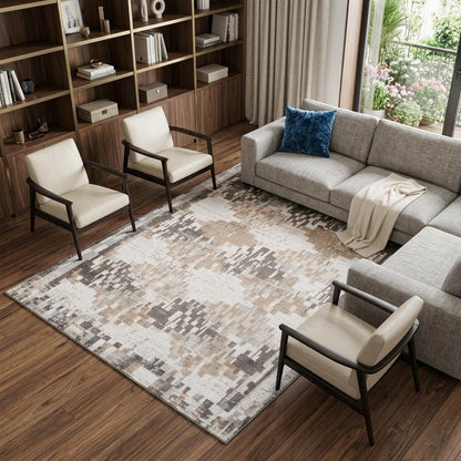 7' X 10' Cream and Brown Abstract Distressed Area Rug
