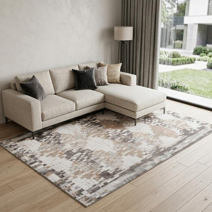 7' X 10' Cream and Brown Abstract Distressed Area Rug