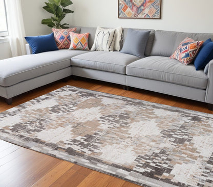 8' X 11' Cream and Brown Abstract Distressed Area Rug