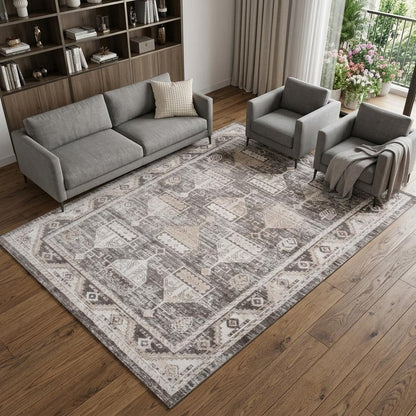 8' X 11' Cream and Brown Abstract Distressed Area Rug