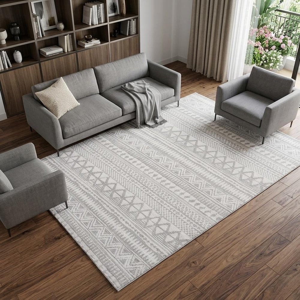 7' X 10' Gray and Cream Abstract Distressed Area Rug