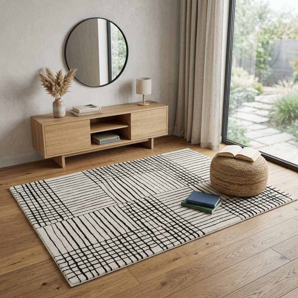 4' X 6' Cream and Black Abstract Distressed Area Rug