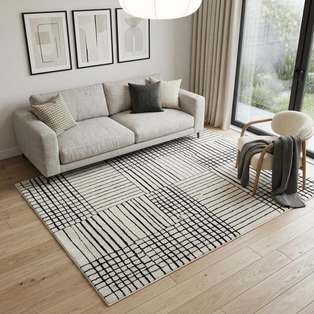5' X 8' Cream and Black Abstract Distressed Area Rug