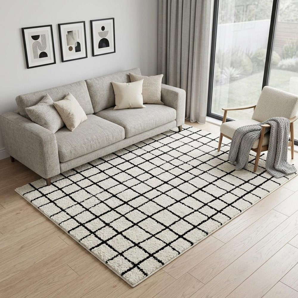 5' X 8' Cream and Black Abstract Distressed Area Rug