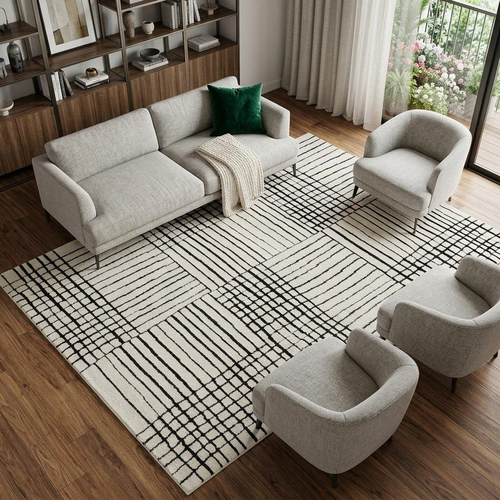 7' X 10' Cream and Black Abstract Distressed Area Rug
