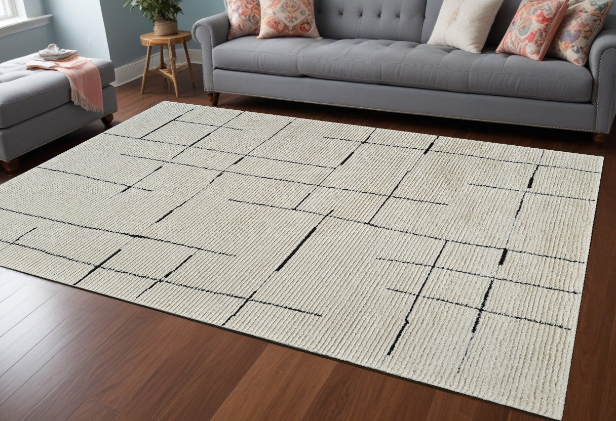 7' X 10' Cream and Green Abstract Distressed Area Rug