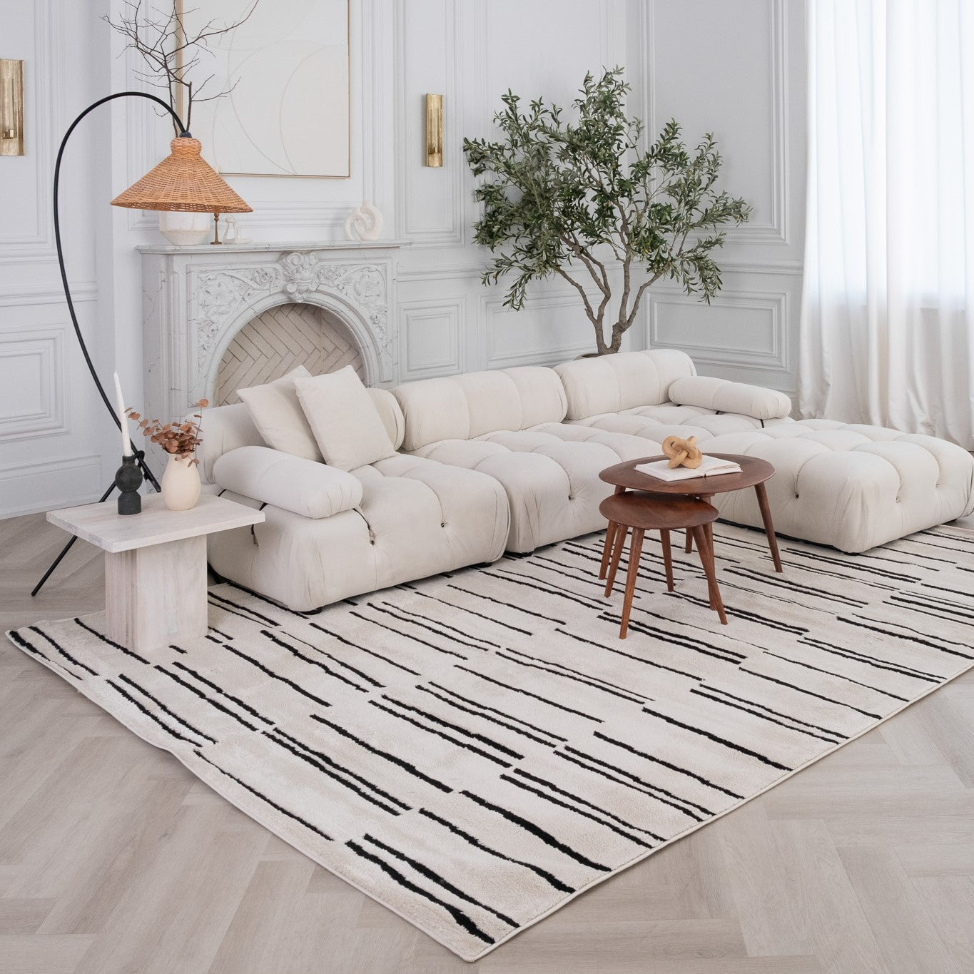 7' X 10' Cream and Black Abstract Distressed Area Rug