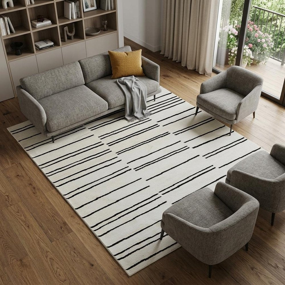 8' X 11' Cream and Black Abstract Distressed Area Rug