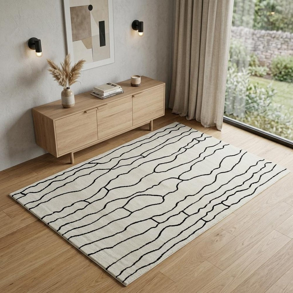 4' X 6' Cream and Black Abstract Distressed Area Rug