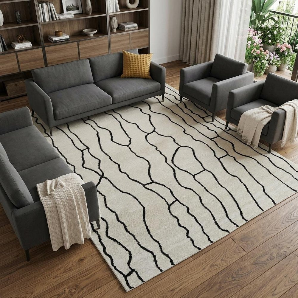 7' X 10' Cream and Black Abstract Distressed Area Rug