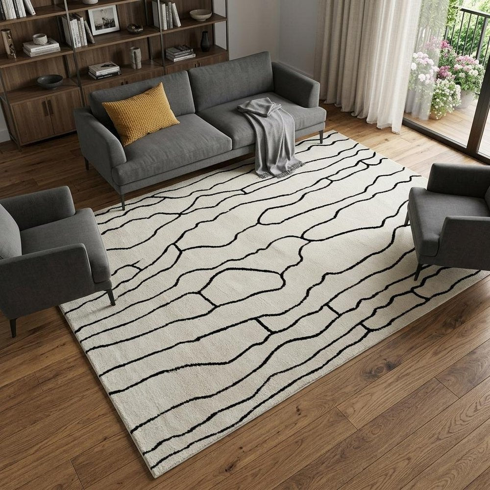 8' X 11' Cream and Black Abstract Distressed Area Rug