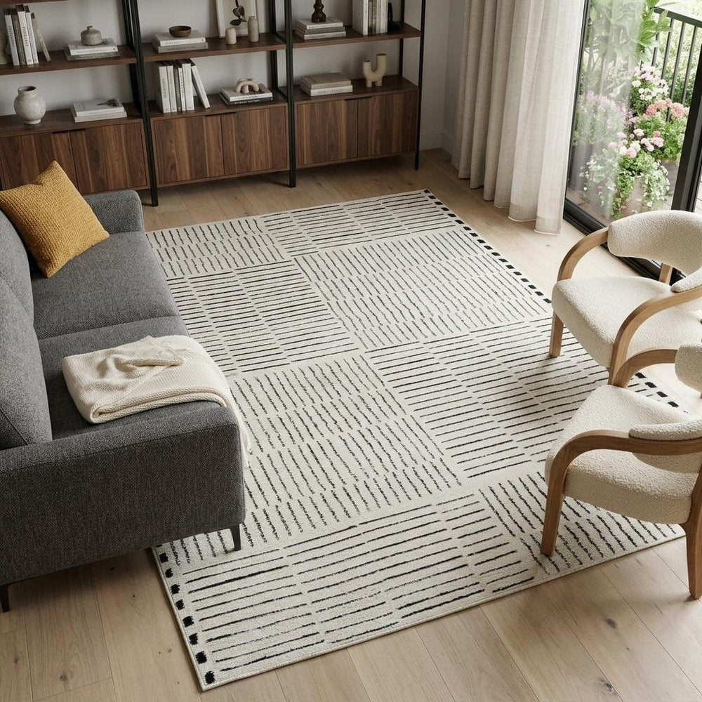 7' X 10' Cream and Black Abstract Distressed Area Rug
