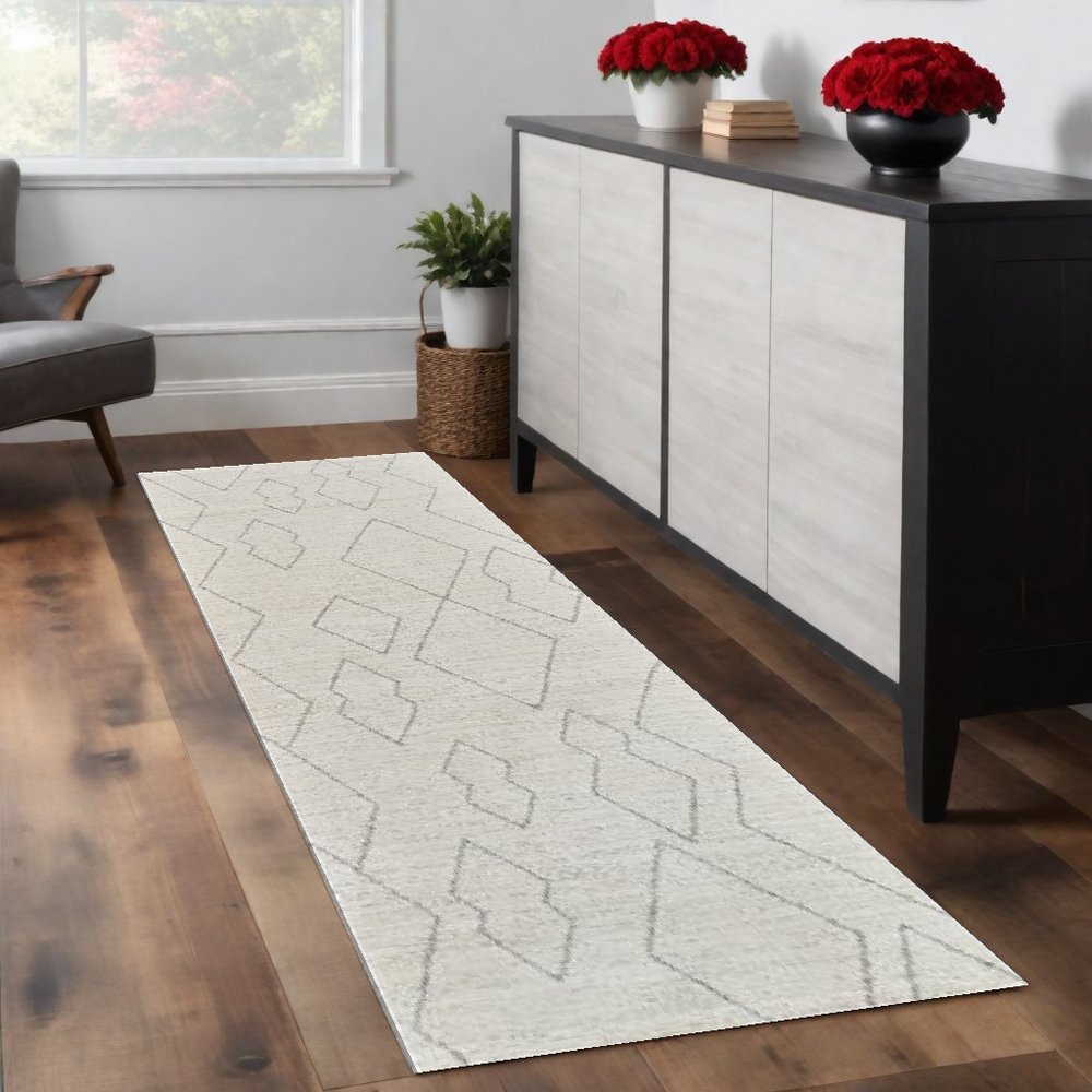 8' Cream And Beige Abstract Distressed Runner Rug