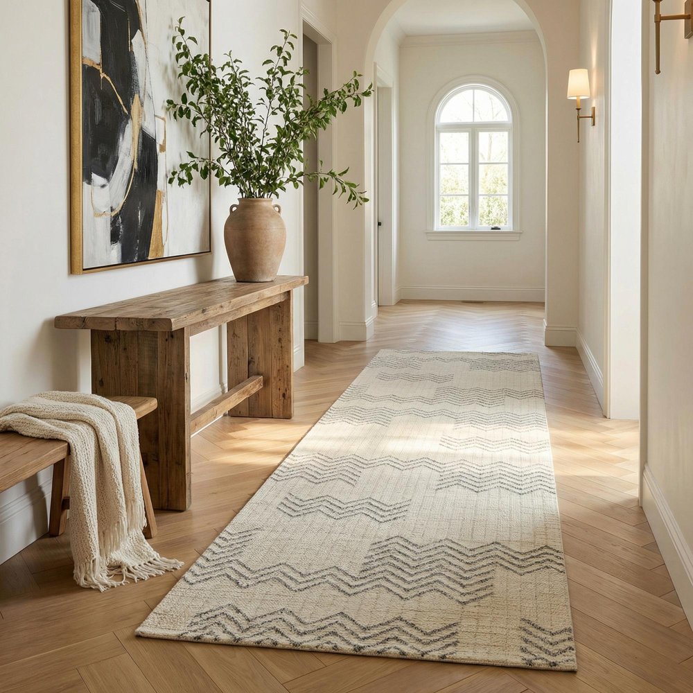 8' Cream And Beige Abstract Distressed Runner Rug