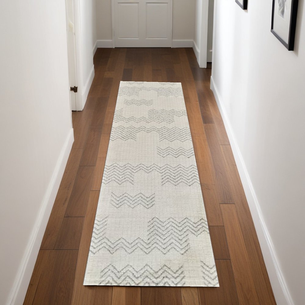 8' Cream And Beige Abstract Distressed Runner Rug