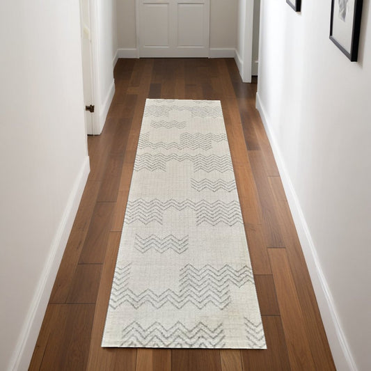 8' Cream And Beige Abstract Distressed Runner Rug