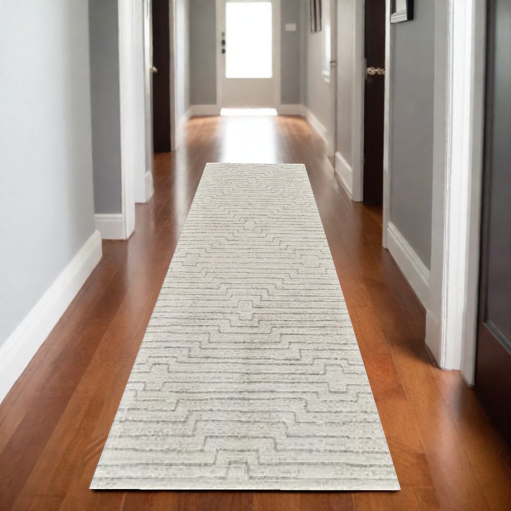 8' Cream And Beige Abstract Distressed Runner Rug