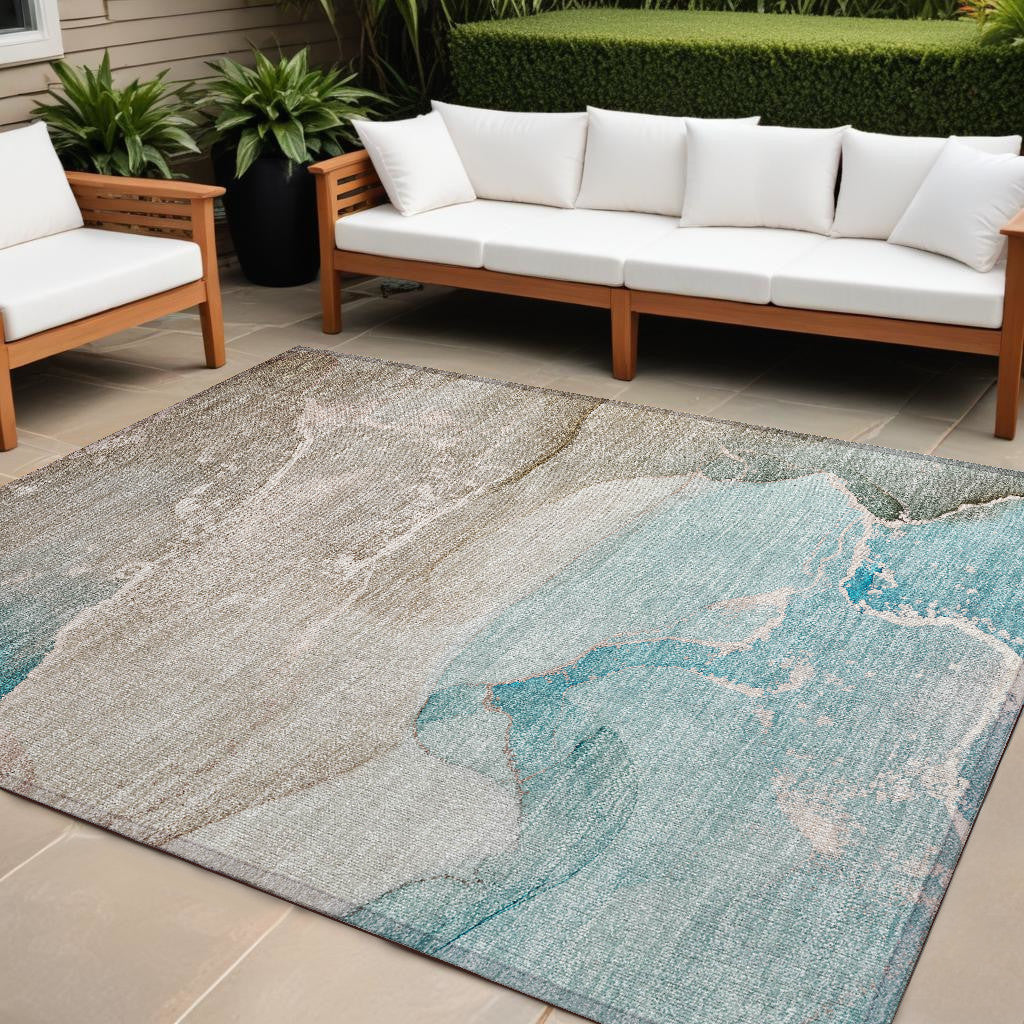 10' X 14' Teal Abstract Washable Non Skid Indoor Outdoor Area Rug