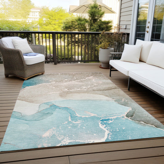 10' X 14' Teal Abstract Washable Non Skid Indoor Outdoor Area Rug