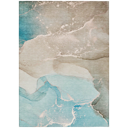 10' X 14' Teal Abstract Washable Non Skid Indoor Outdoor Area Rug