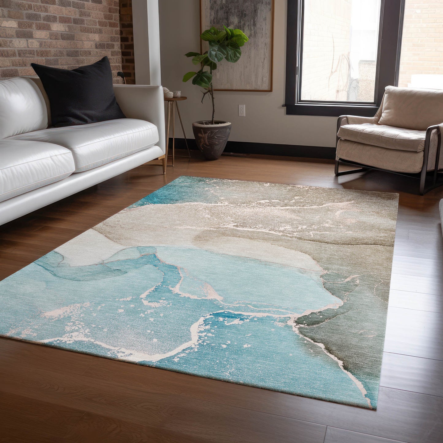 10' X 14' Teal Abstract Washable Non Skid Indoor Outdoor Area Rug