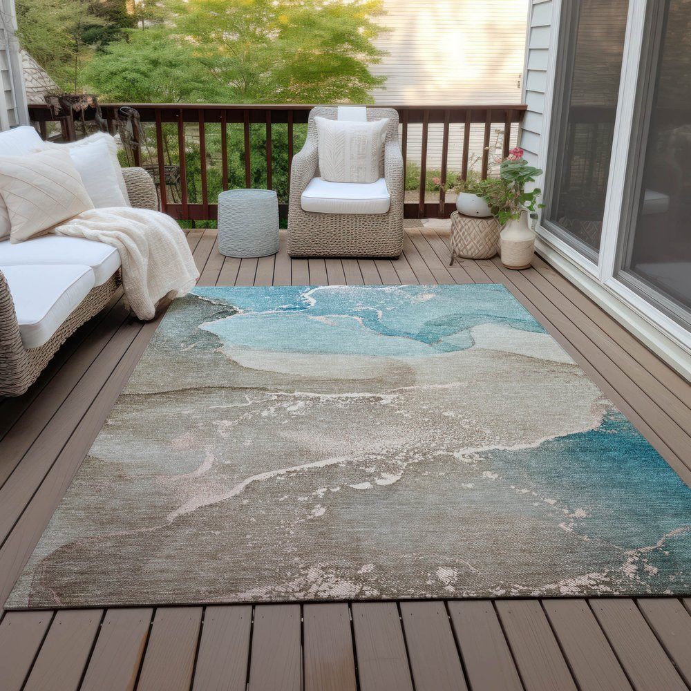 10' X 14' Teal Abstract Washable Non Skid Indoor Outdoor Area Rug