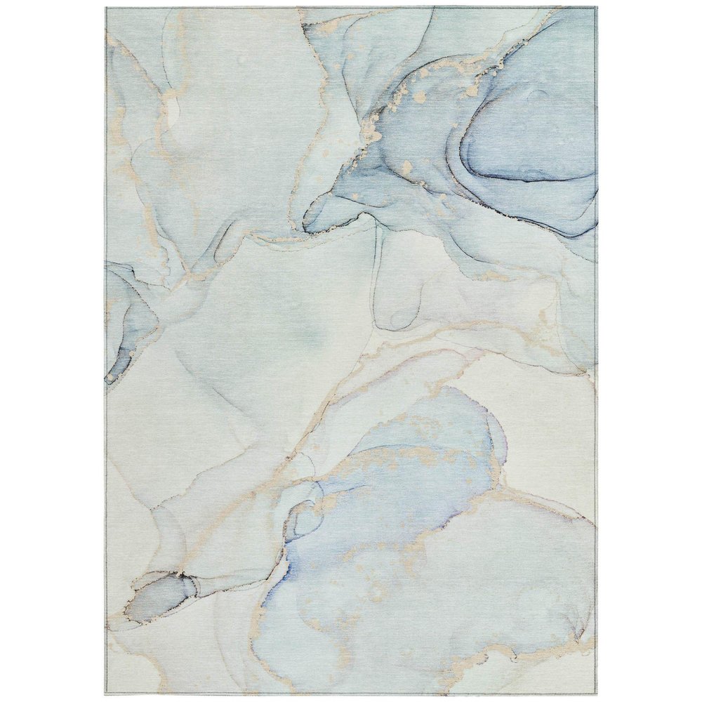 5' X 8' Beige and Blue Abstract Washable Non Skid Indoor Outdoor Area Rug
